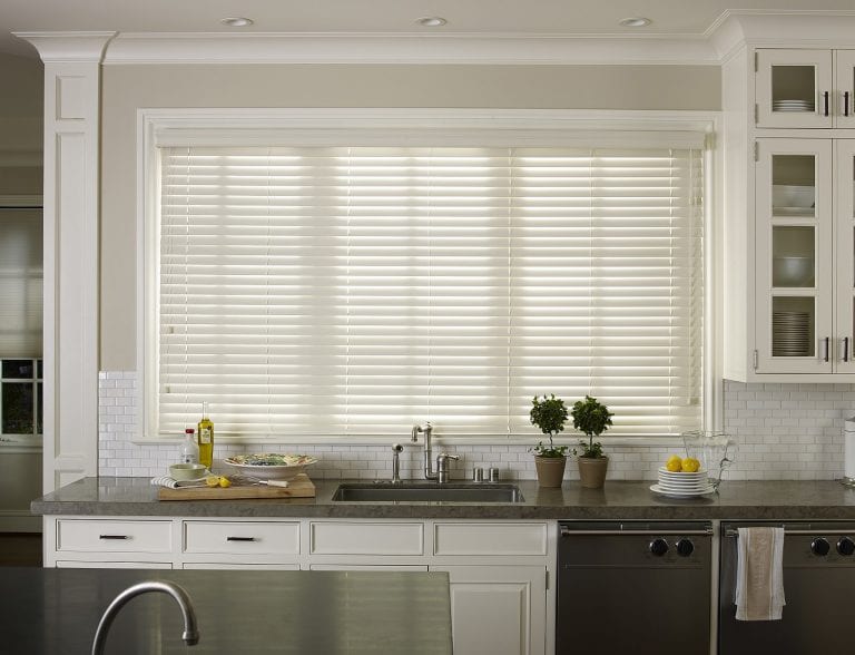 White kitchen window blinds. Faux Wood Blinds