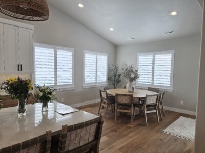 White composite Shutters in Dining Room