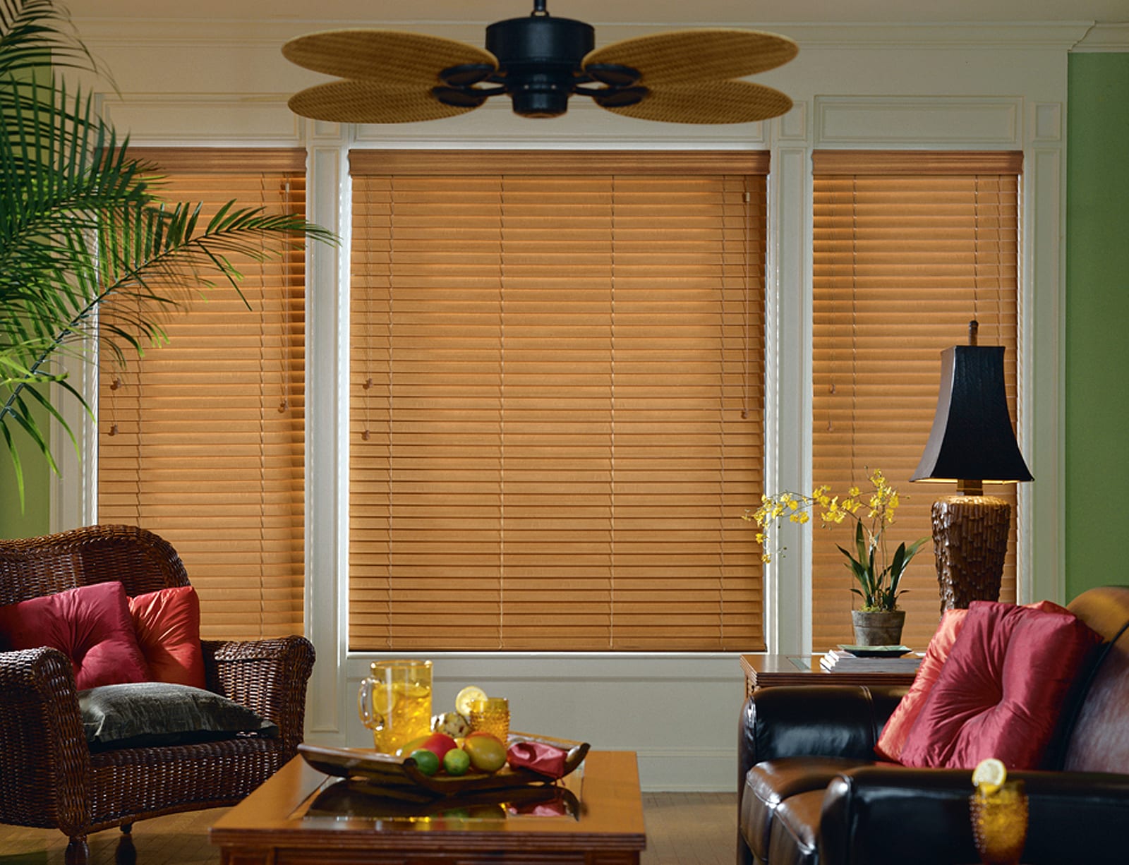 Light brown stained blinds.
