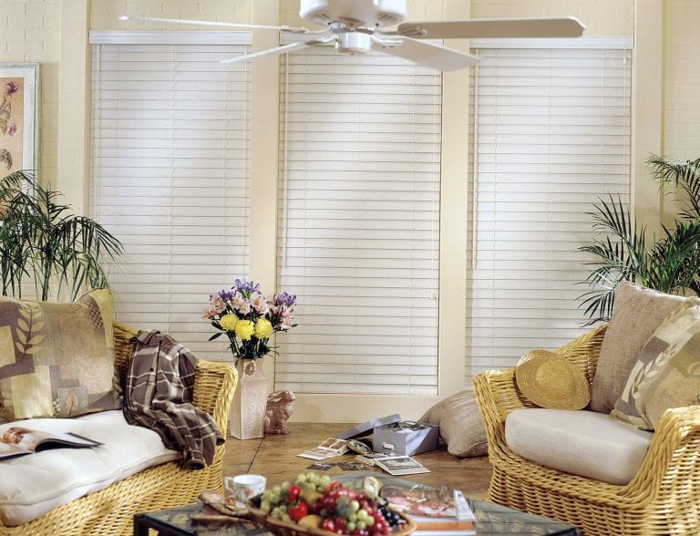 White faux wood blinds.