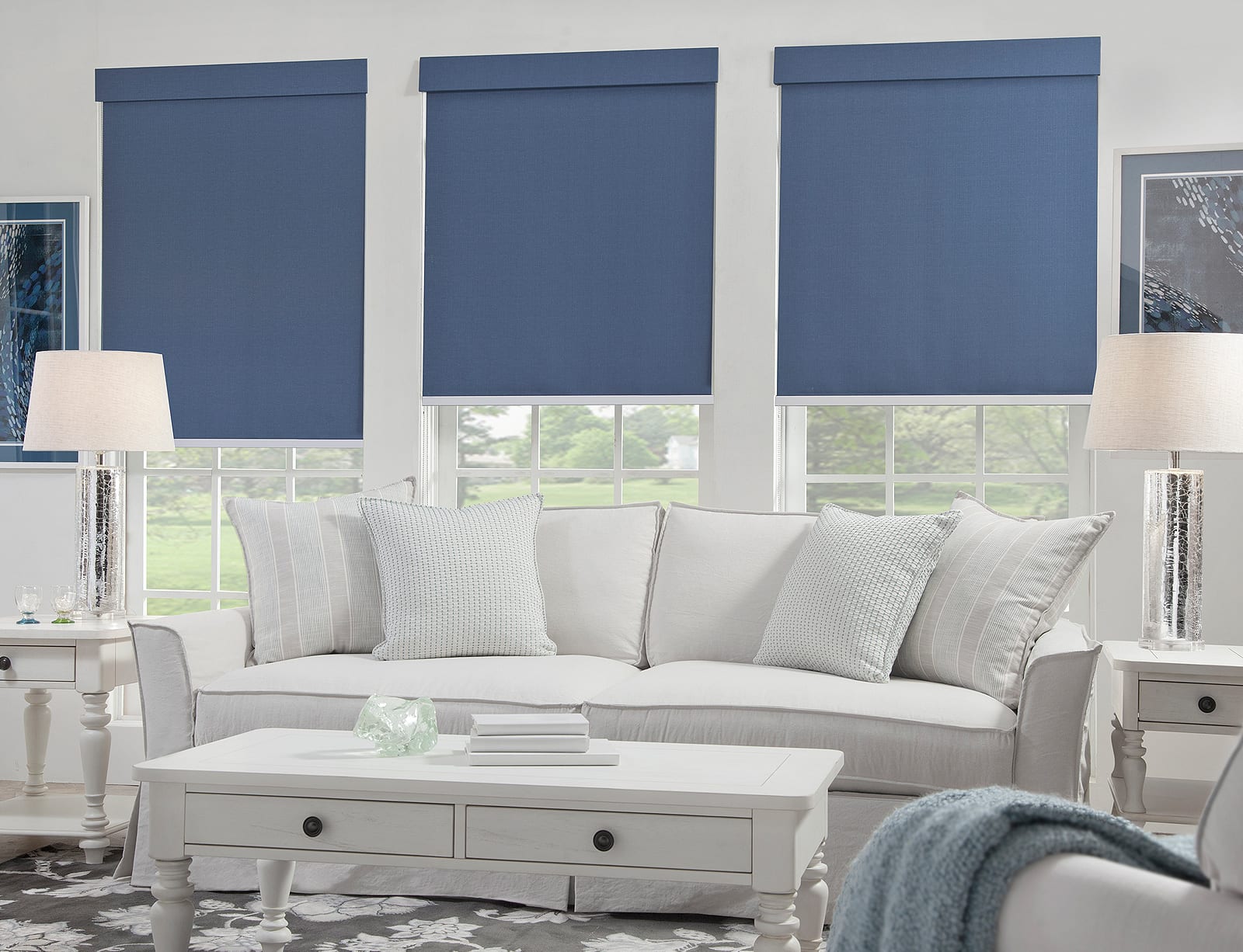 Blue roller shades in living room.