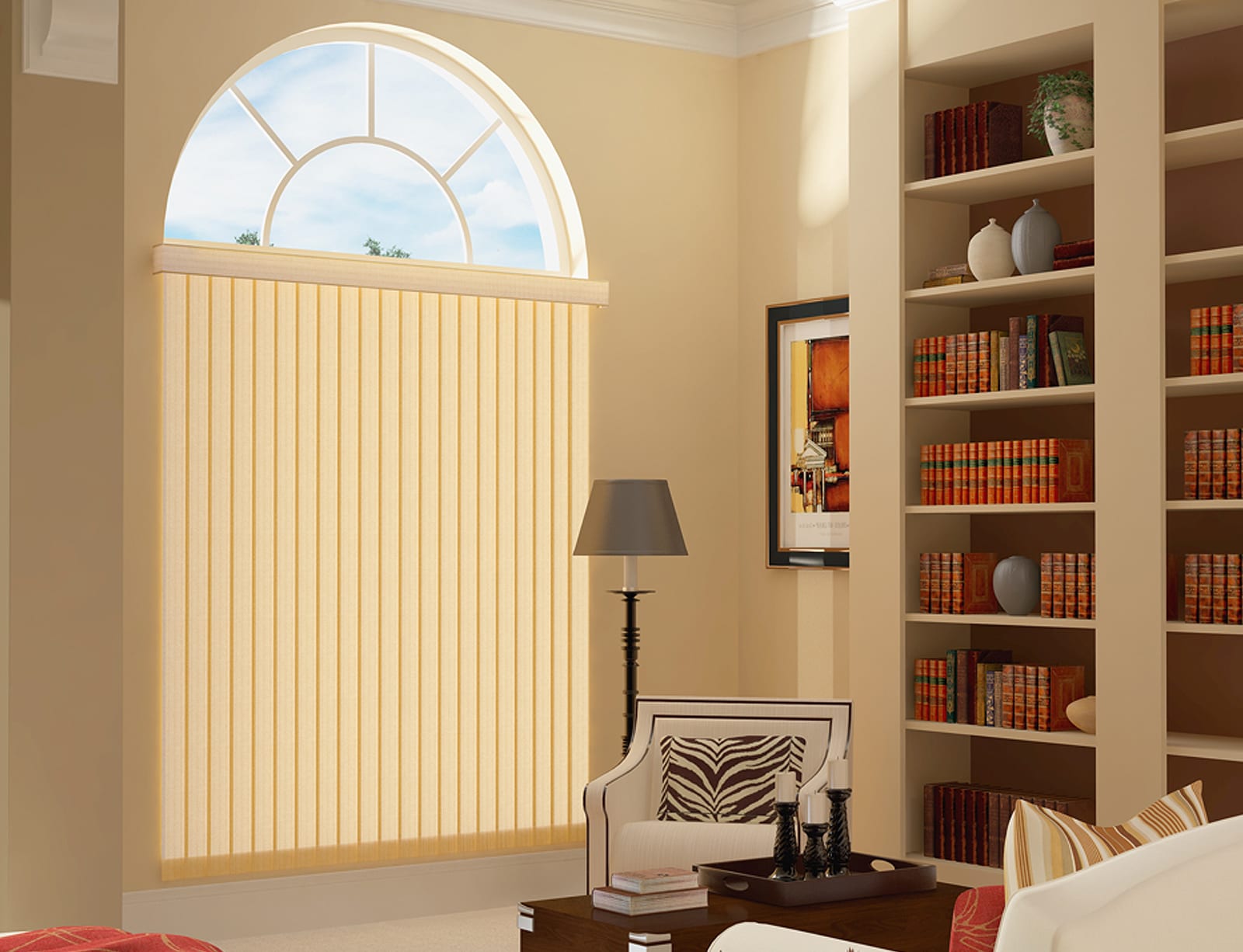 Vertical blinds on arched window.