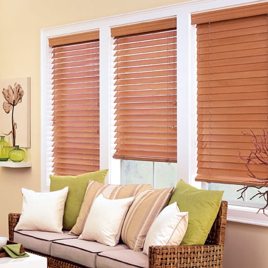 2.5" Stained wood blinds.
