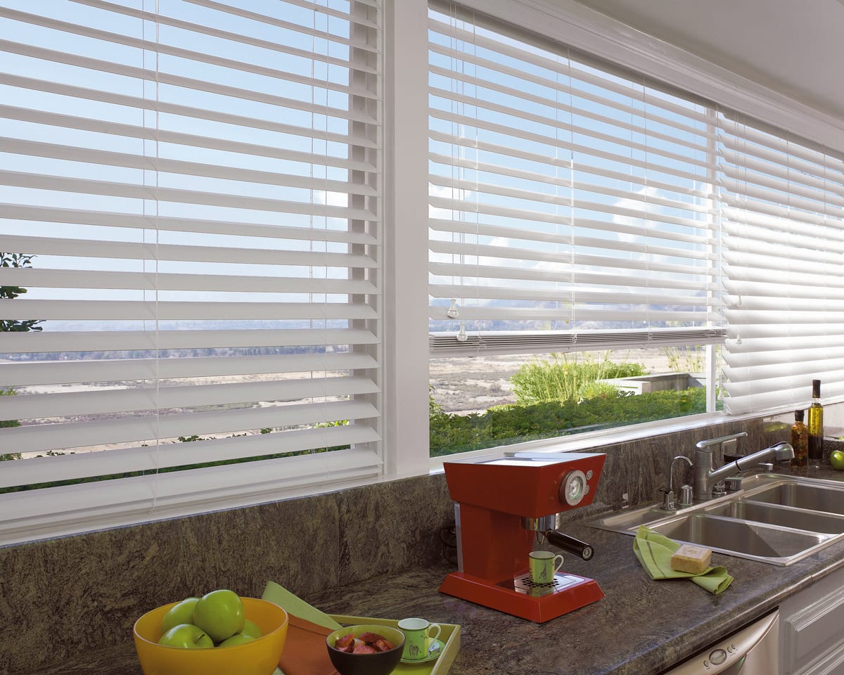 Aluminum blinds in a kitchen.
