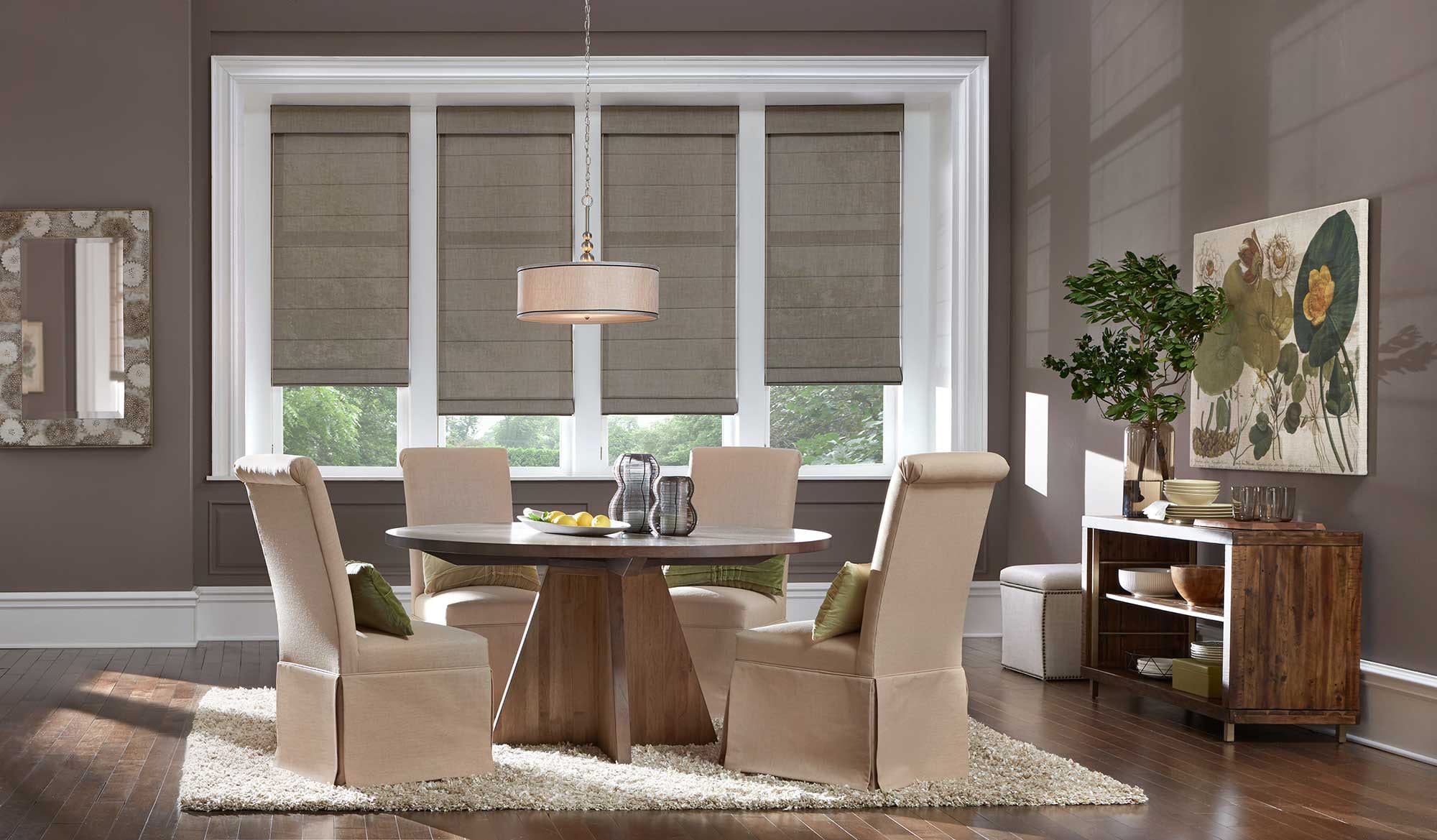 Roman shades in a dining room.