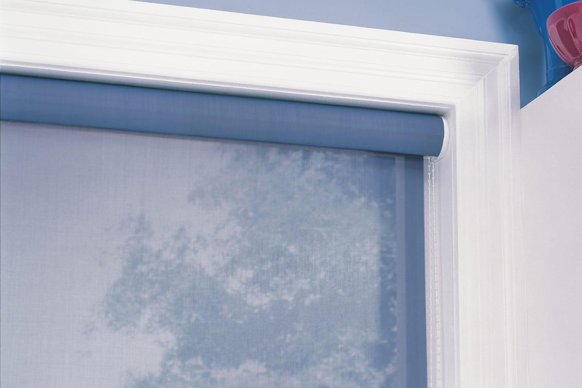 Close up picture of blue roller shades.