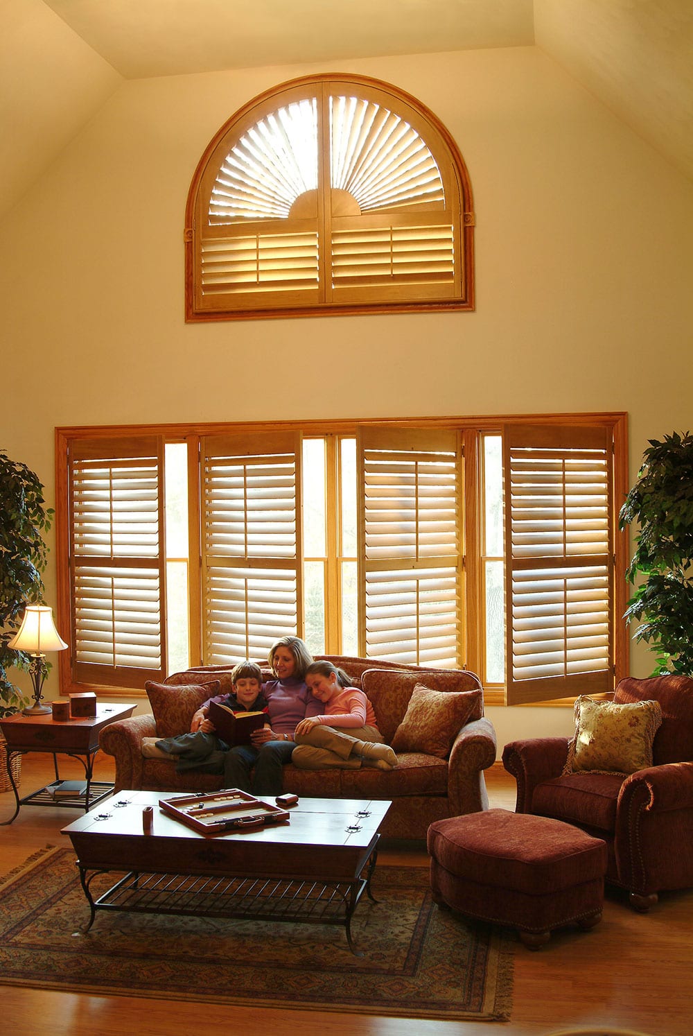 Stained wood plantation shutters.