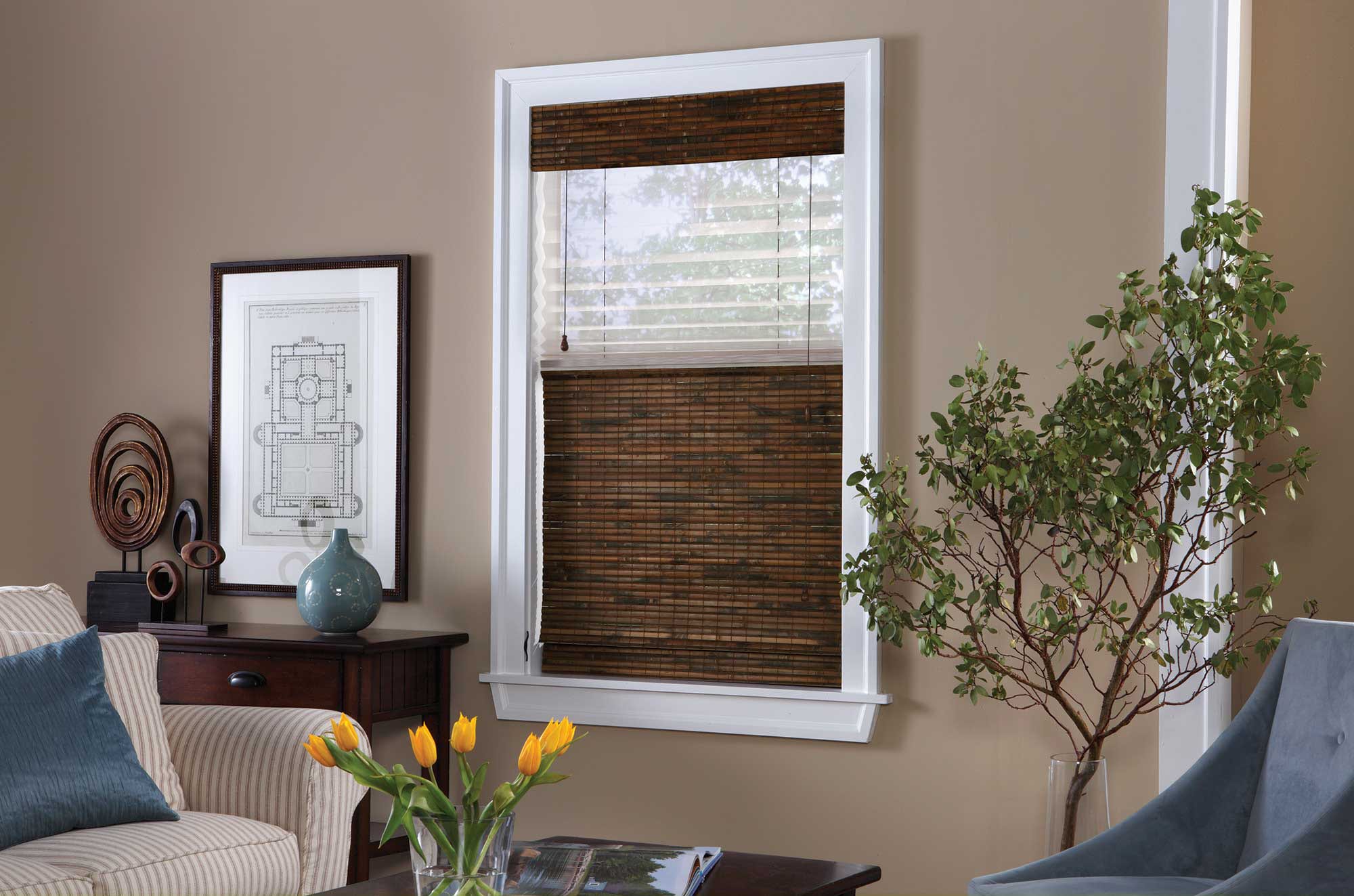 Top down bottom up woven wood shades.