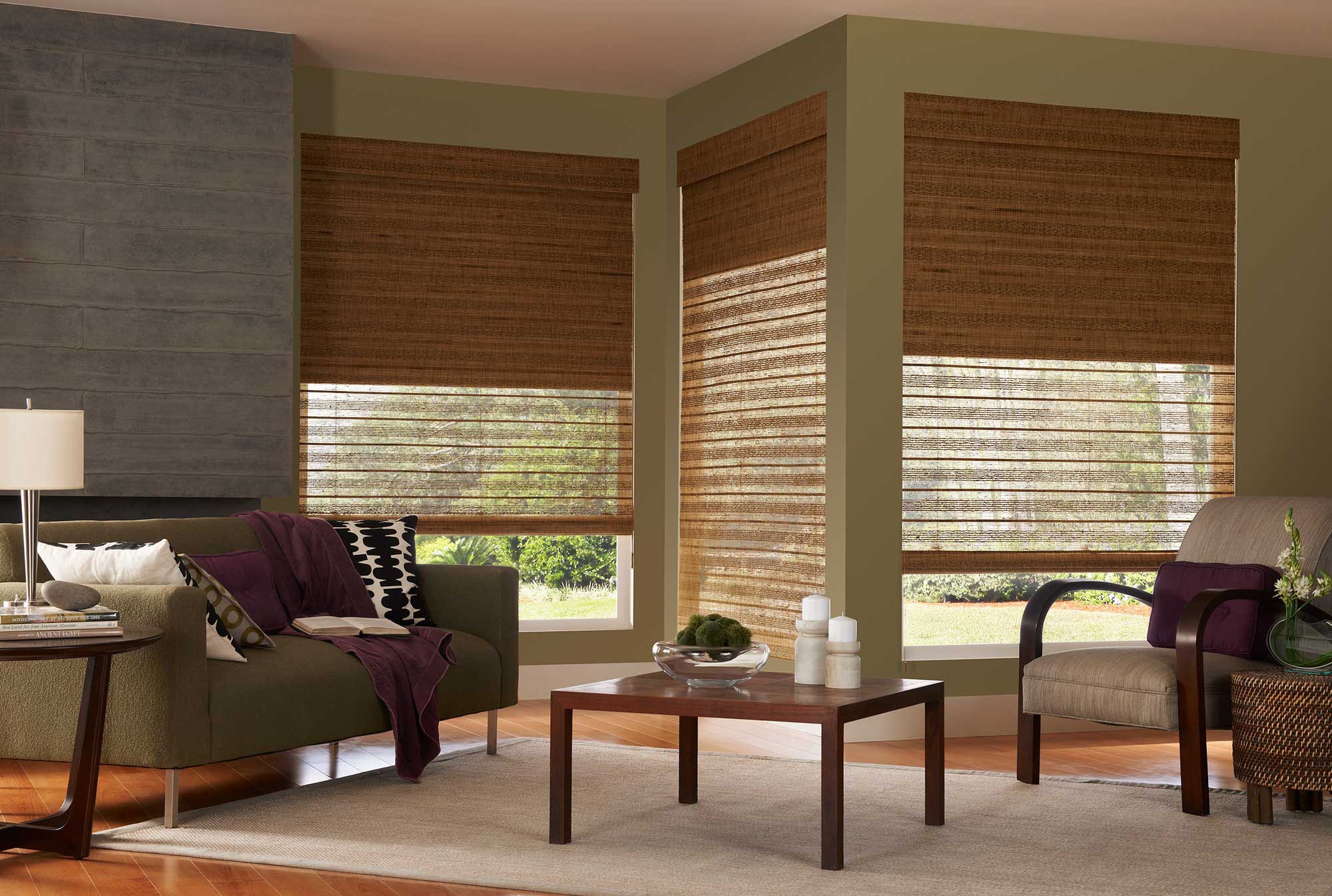 Woven wood shades with independent liners.