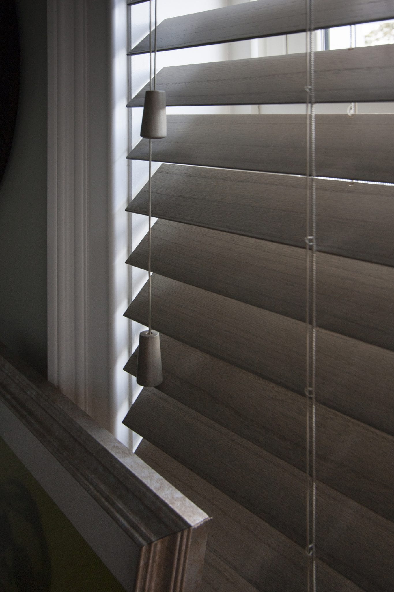 Close up of wood blinds.