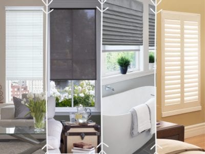 Side by side comparison of multiple window covering types. Shutters, Roman Shades, Roller Shades, and blinds.