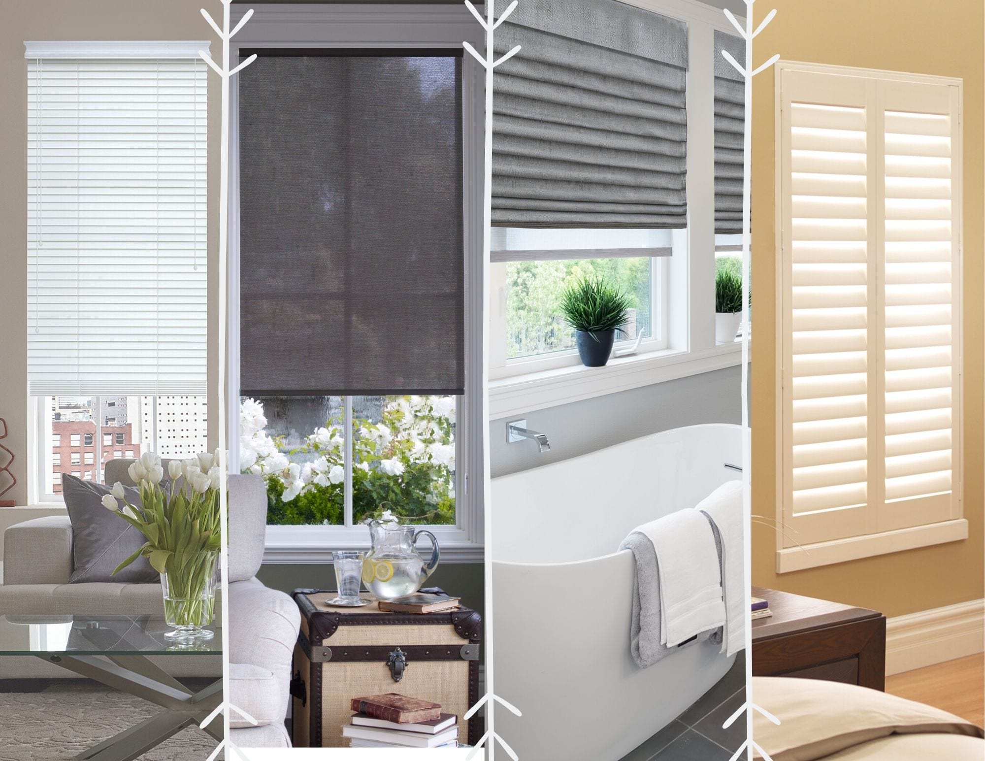 Side by side comparison of multiple window covering types. Shutters, Roman Shades, Roller Shades, and blinds.
