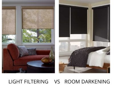 two side by side images showing light filtering and room darkening shades