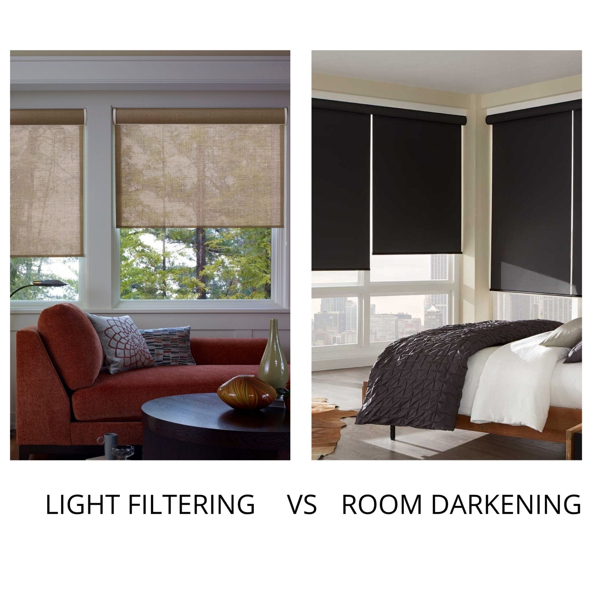 two side by side images showing light filtering and room darkening shades