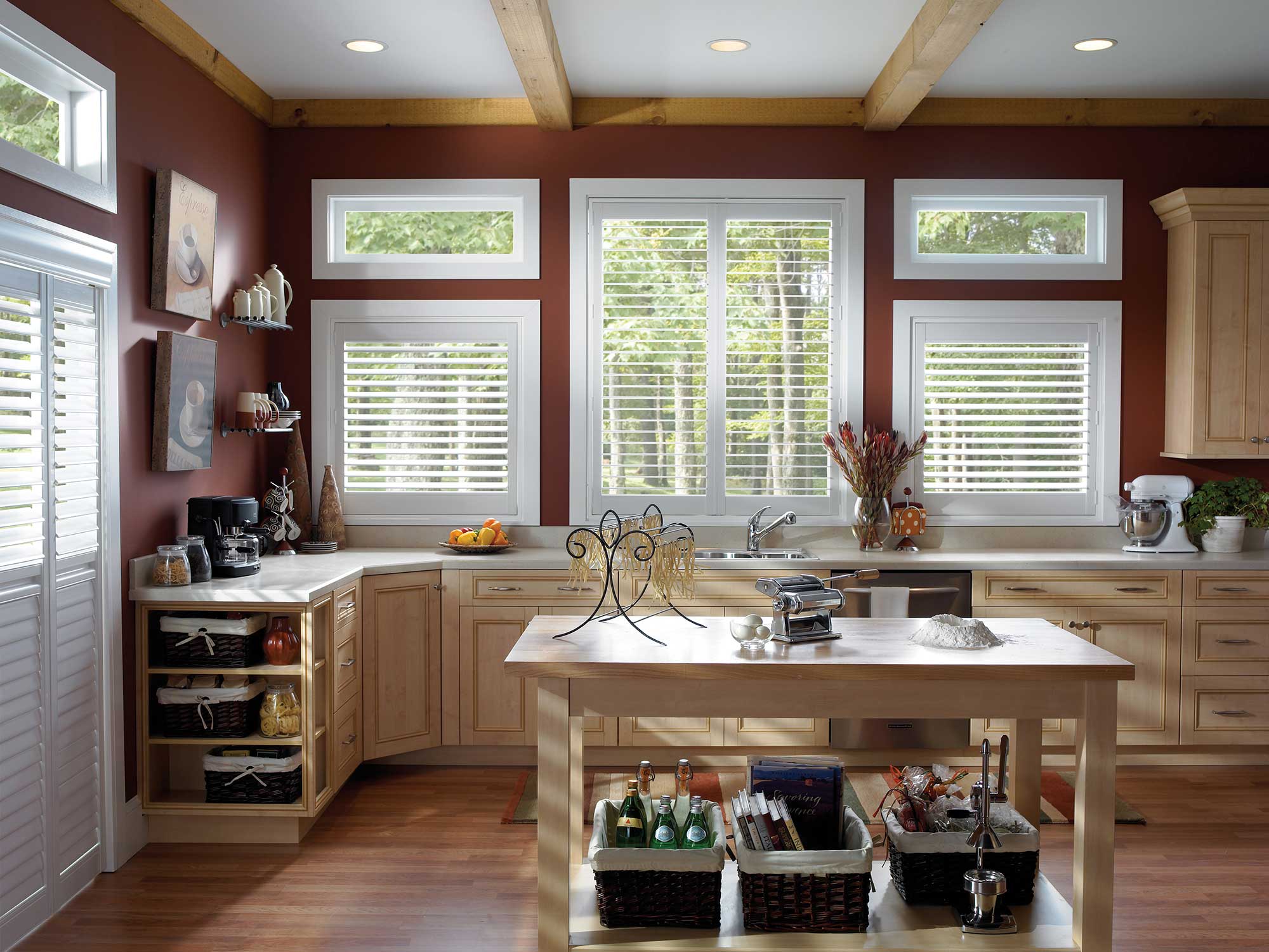 Shutters in kitchen windows.