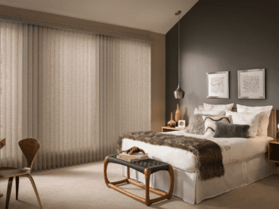 Vertical blinds in bedroom.