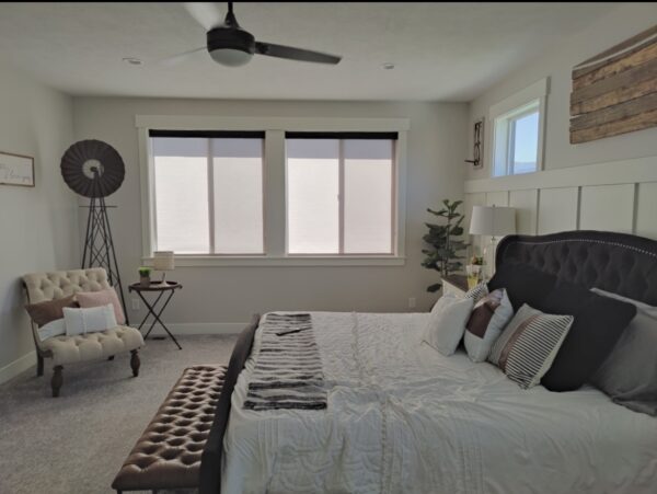 Light filtering rollershades with black valance window coverings utah