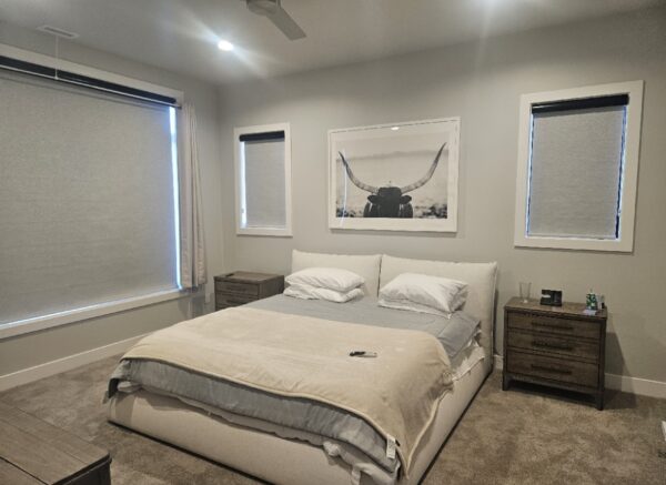 gray room darkening rollershades with black top treatment in a bedroom